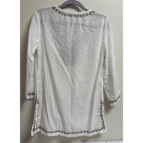 Pomegranate White Embroidered Cotton Tunic Top Size Small Boho India V-Neck - Picture 2 of 5